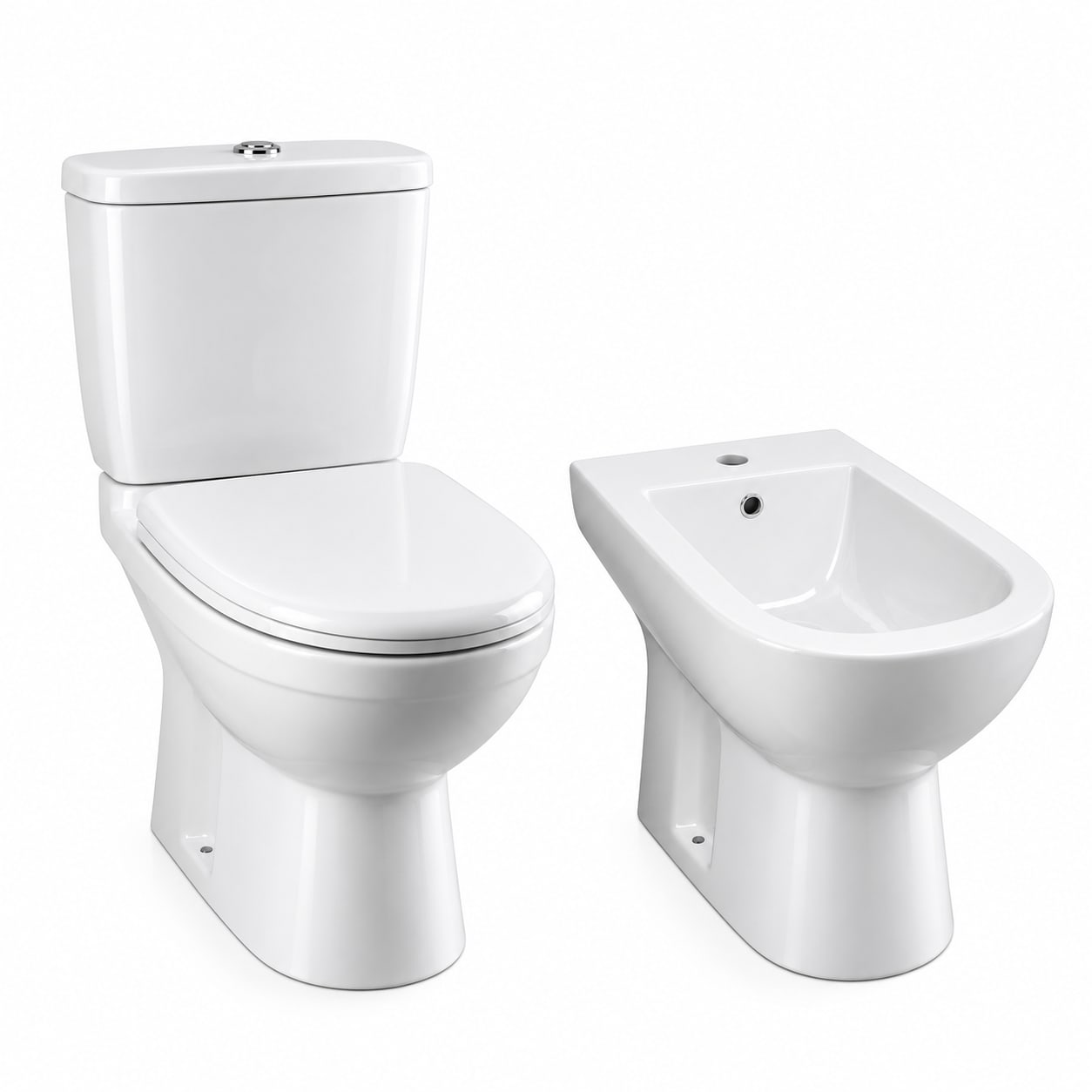 COMBO FLOWATER PRUSIA · Inodoro largo con depósito y asiento suave + Bidet 1 agujero