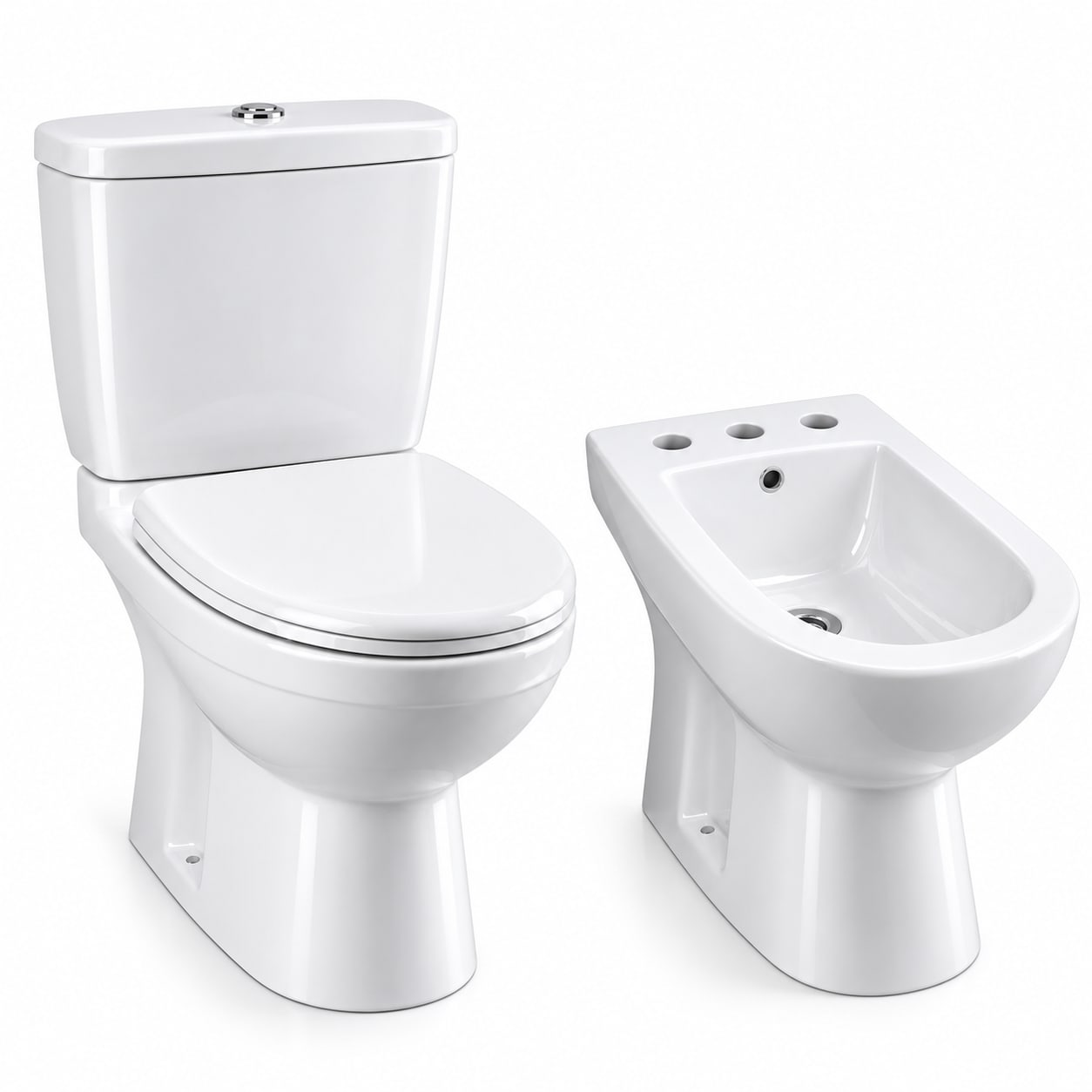 COMBO FLOWATER PRUSIA · Inodoro largo con depósito y asiento suave + Bidet 3 agujeros