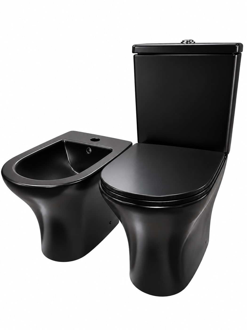 COMBO FLOWATER BENNETTON NEGRO MATE · Inodoro largo con depósito dual y asiento + Bidet 1 agujero
