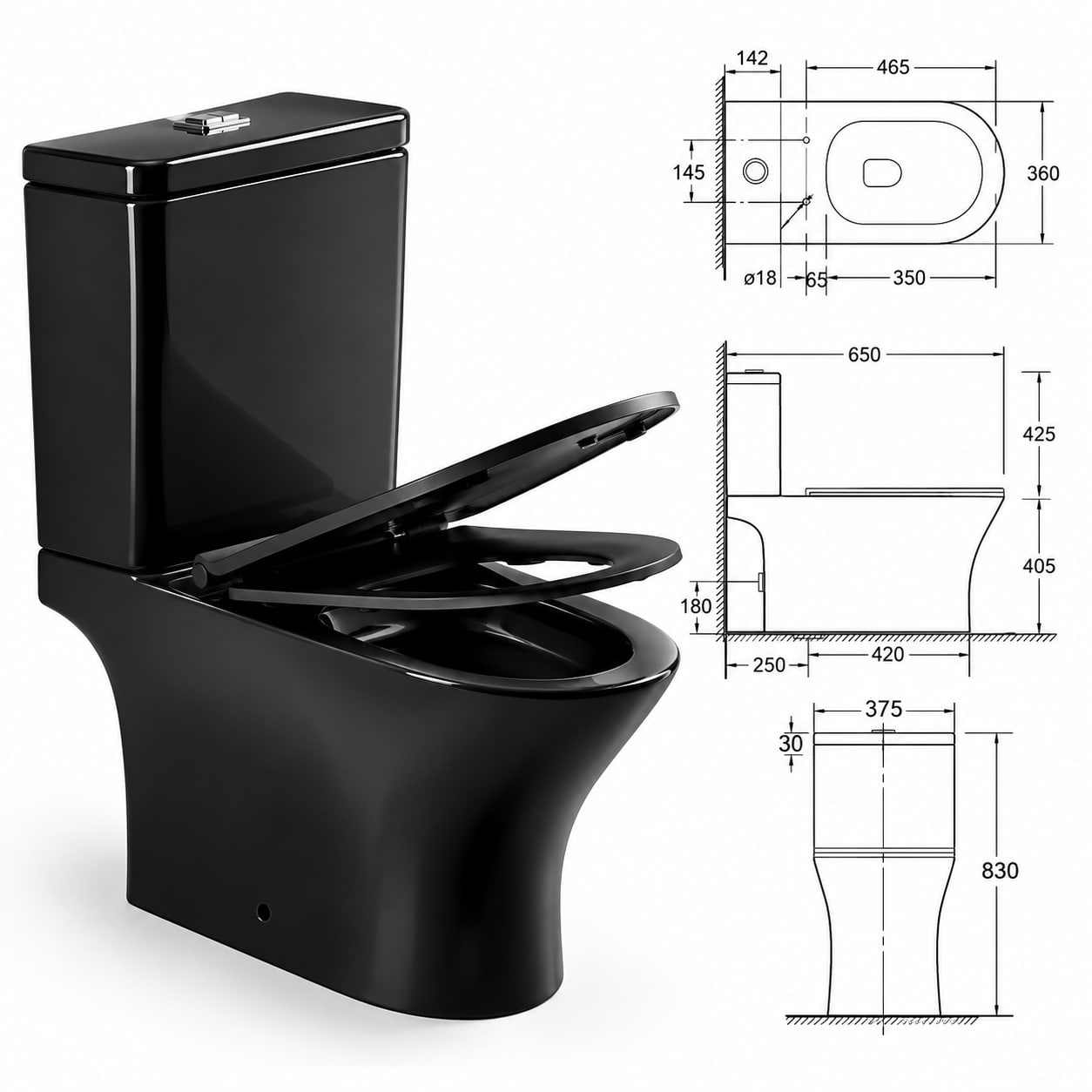 COMBO FLOWATER BENNETTON NEGRO MATE · Inodoro largo con depósito dual y asiento + Bidet 1 agujero foto 6