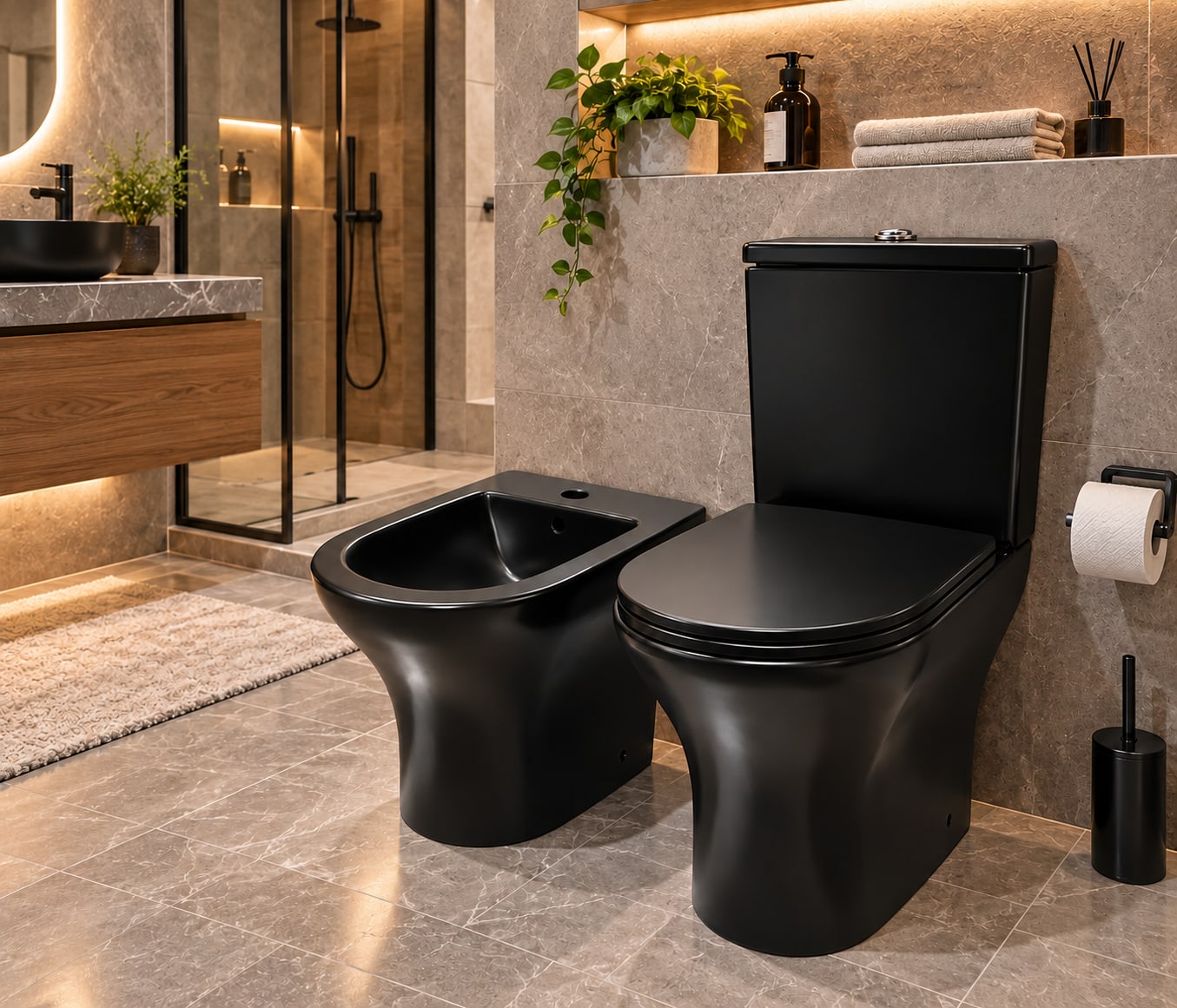 COMBO FLOWATER BENNETTON NEGRO MATE · Inodoro largo con depósito dual y asiento + Bidet 1 agujero foto 8