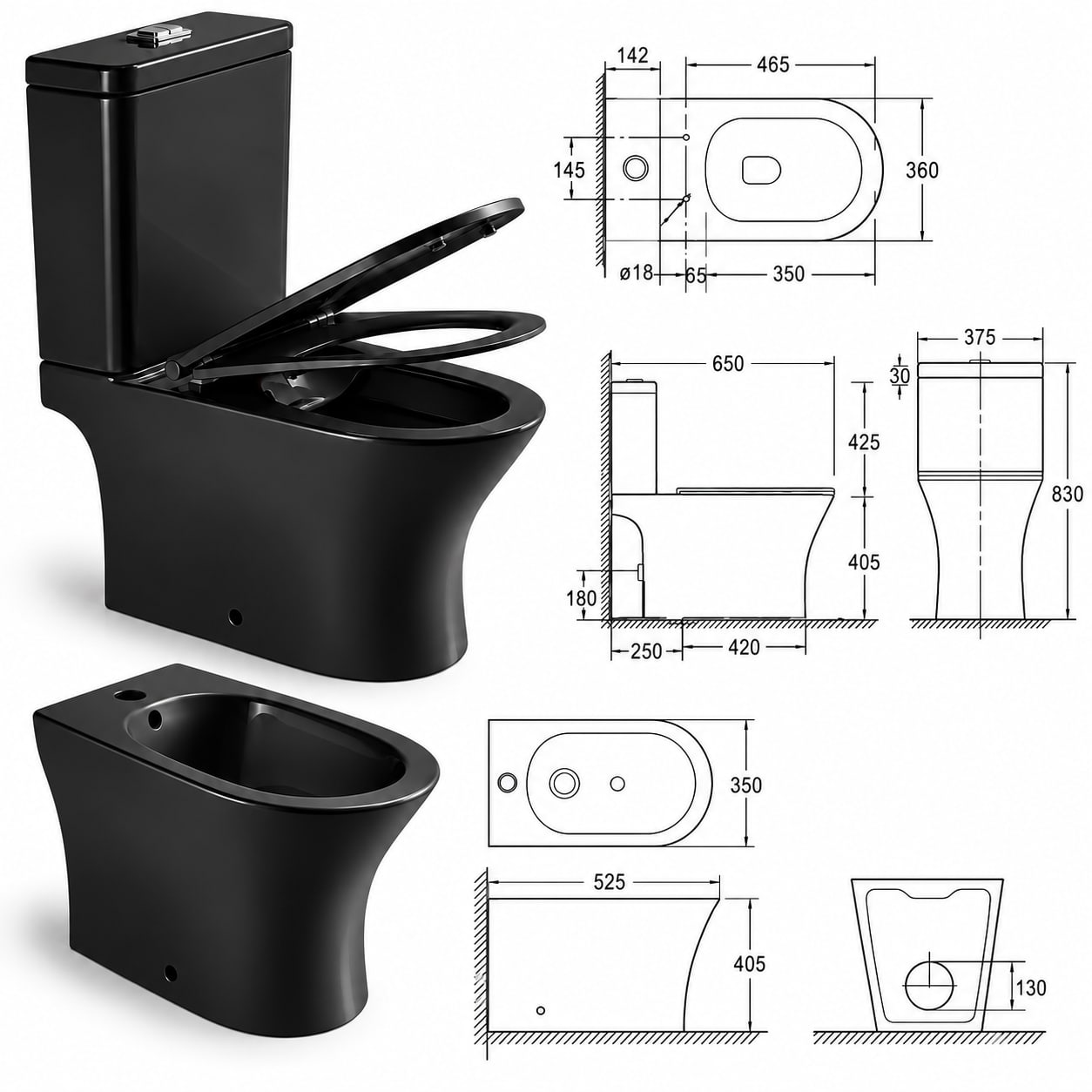 COMBO FLOWATER BENNETTON NEGRO MATE · Inodoro largo con depósito dual y asiento + Bidet 1 agujero foto 4