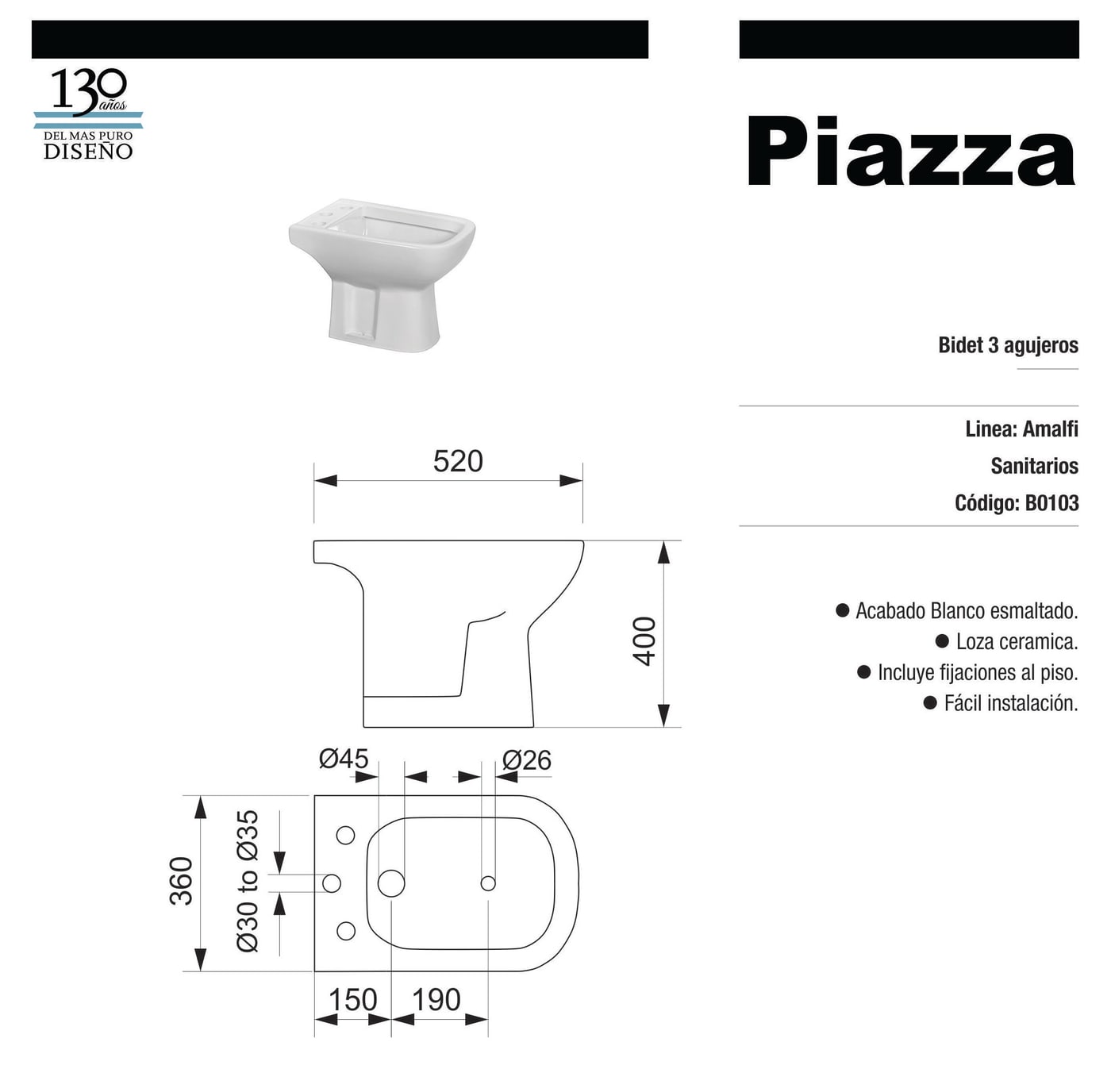 COMBO PIAZZA AMALFI · INODORO + DEPÓSITO + ASIENTO + BIDET 1 AGUJERO foto 8