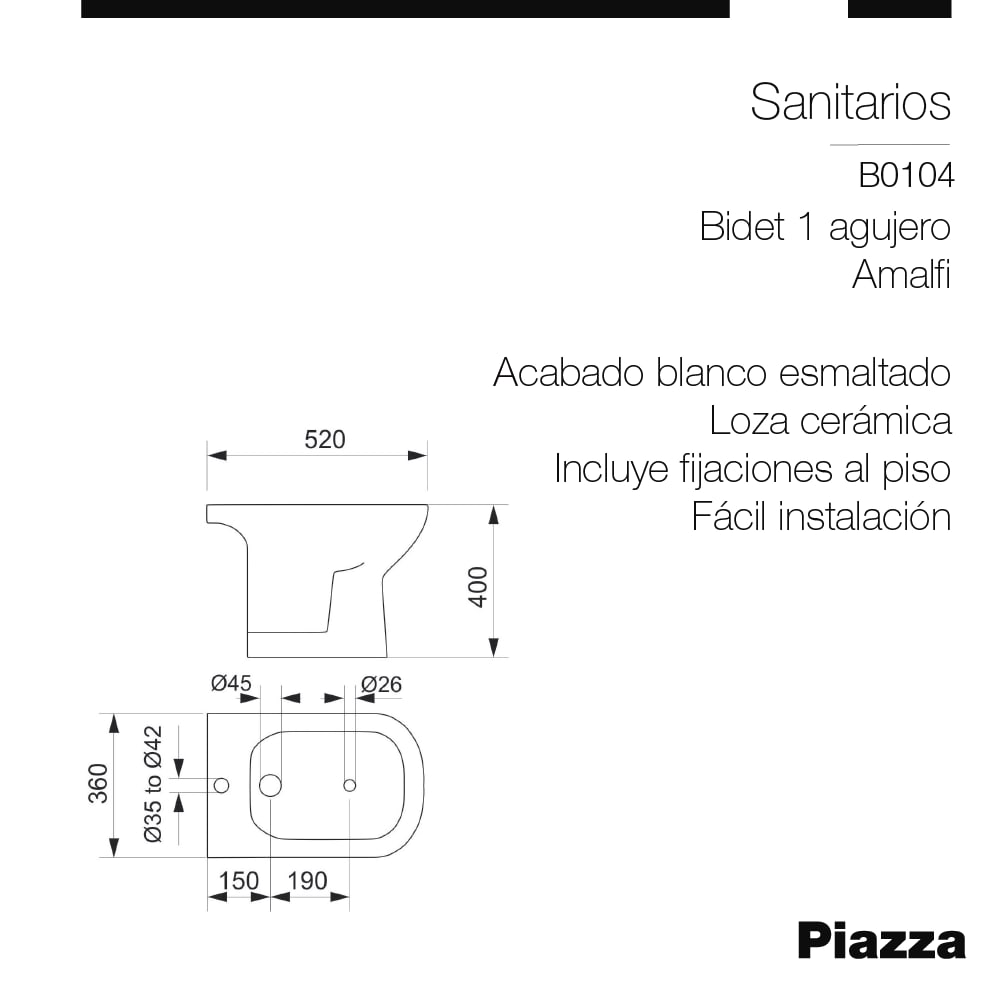 COMBO PIAZZA AMALFI · INODORO + DEPÓSITO + ASIENTO + BIDET 3 AGUJEROS foto 7